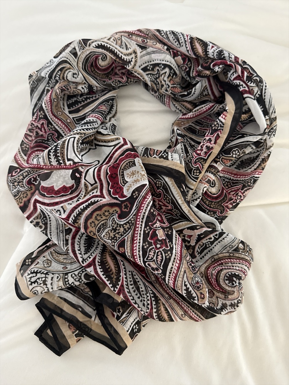 White House Black Market Paisley Oblong Scarf Black Burgundy Beige